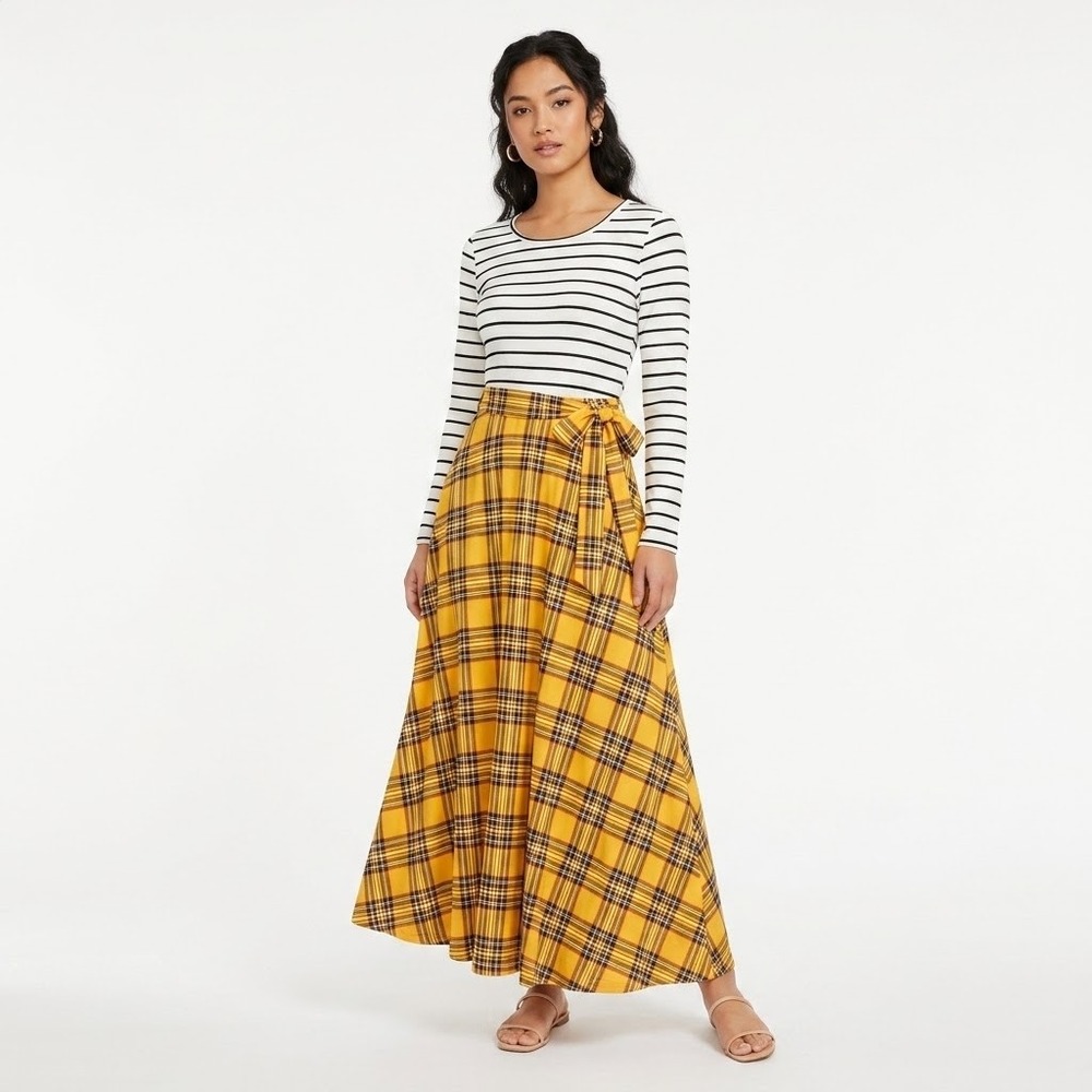 Reborn J Women Mixed Print Maxi Dress Striped Plaid mustard yellow Small USA